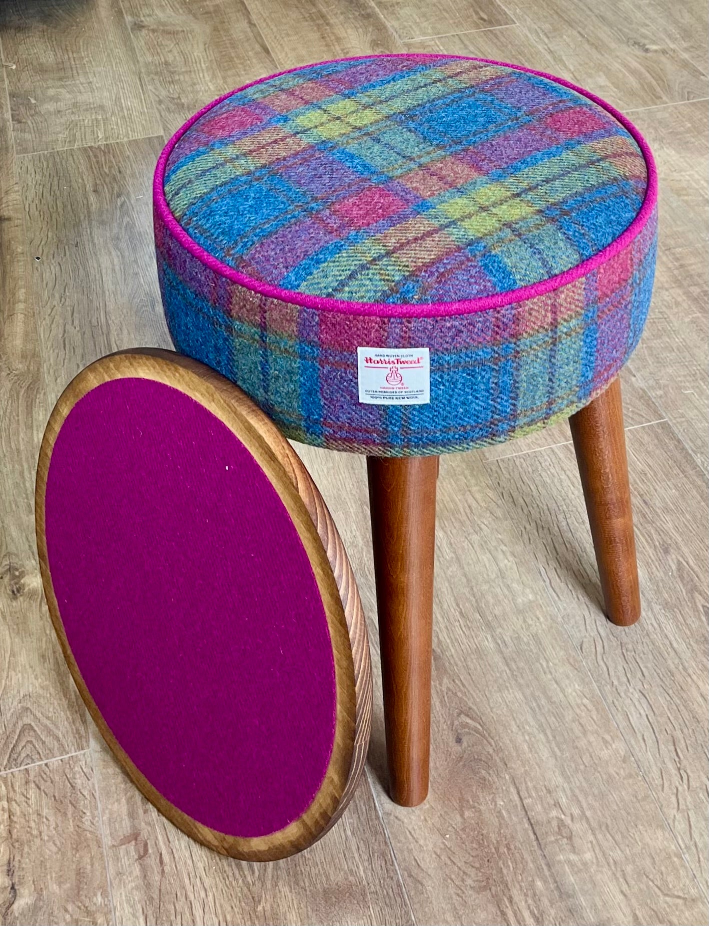 Colourful Tartan Harris Tweed Table Footstool with Fuchsia Piping and Removable Wooden Top