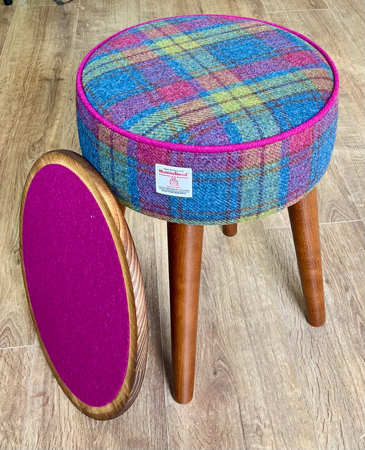 Colourful Tartan Harris Tweed Table Footstool with Fuchsia Piping and Removable Wooden Top