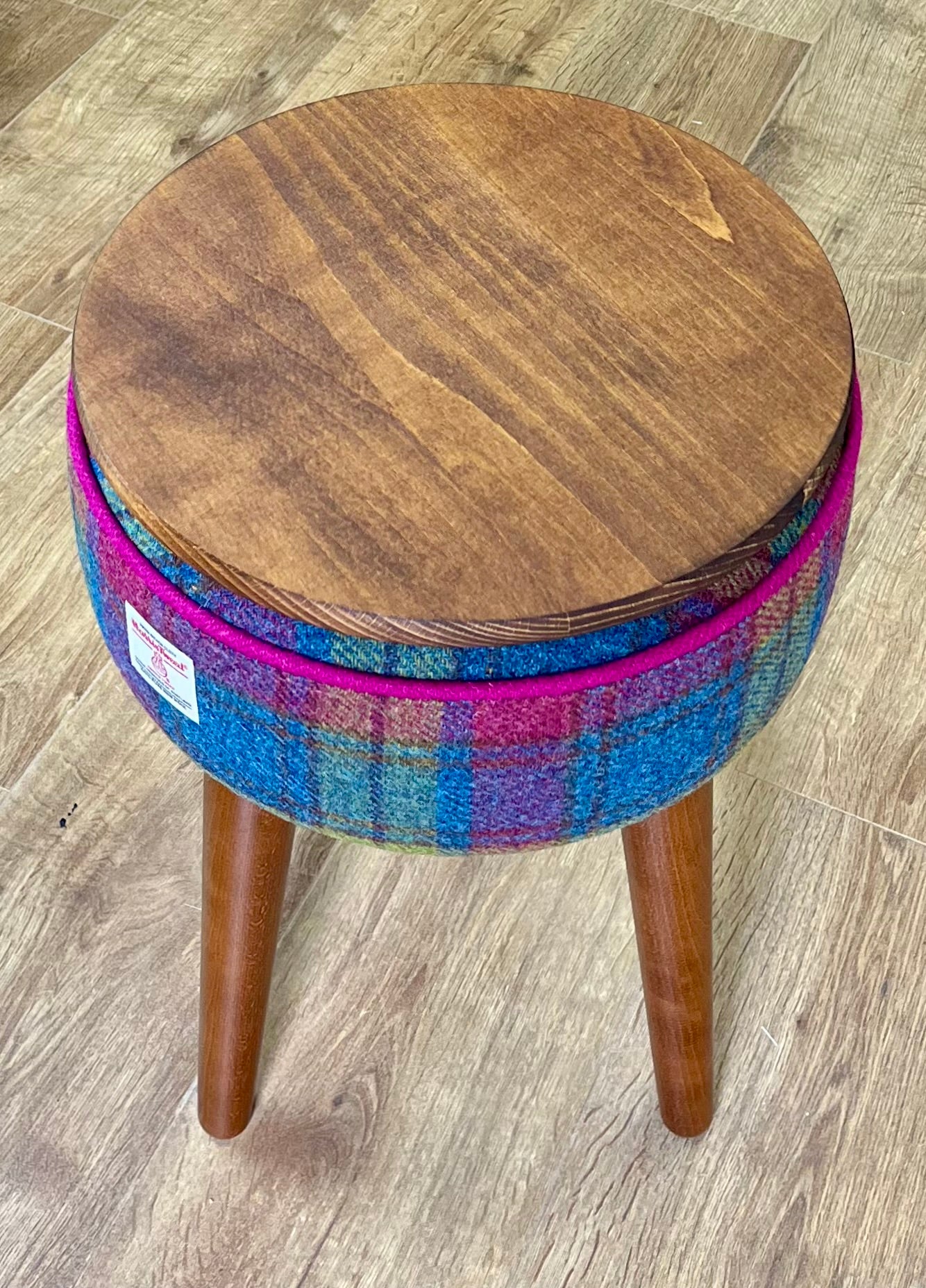 Colourful Tartan Harris Tweed Table Footstool with Fuchsia Piping and Removable Wooden Top
