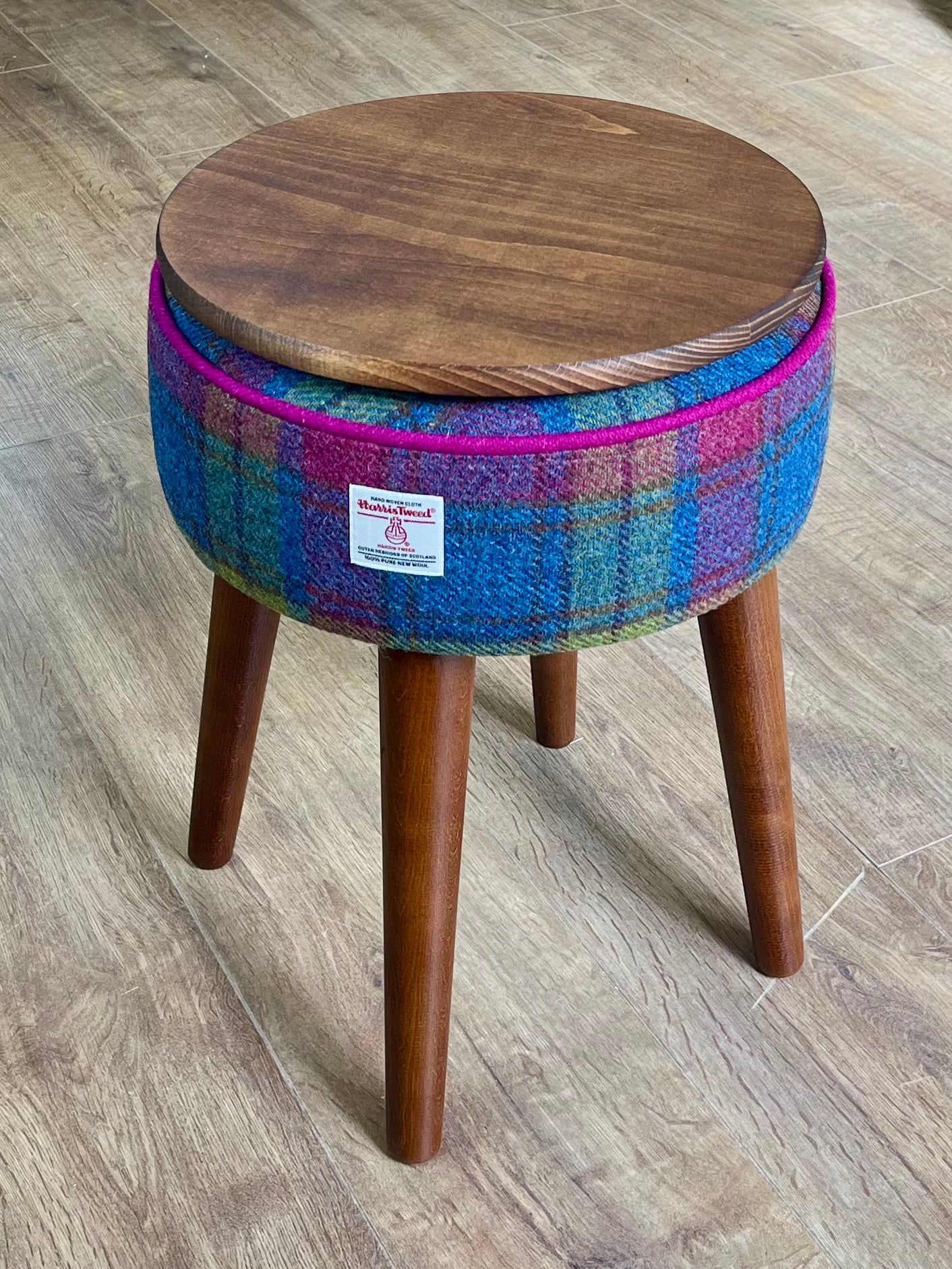 Colourful Tartan Harris Tweed Table Footstool with Fuchsia Piping and Removable Wooden Top