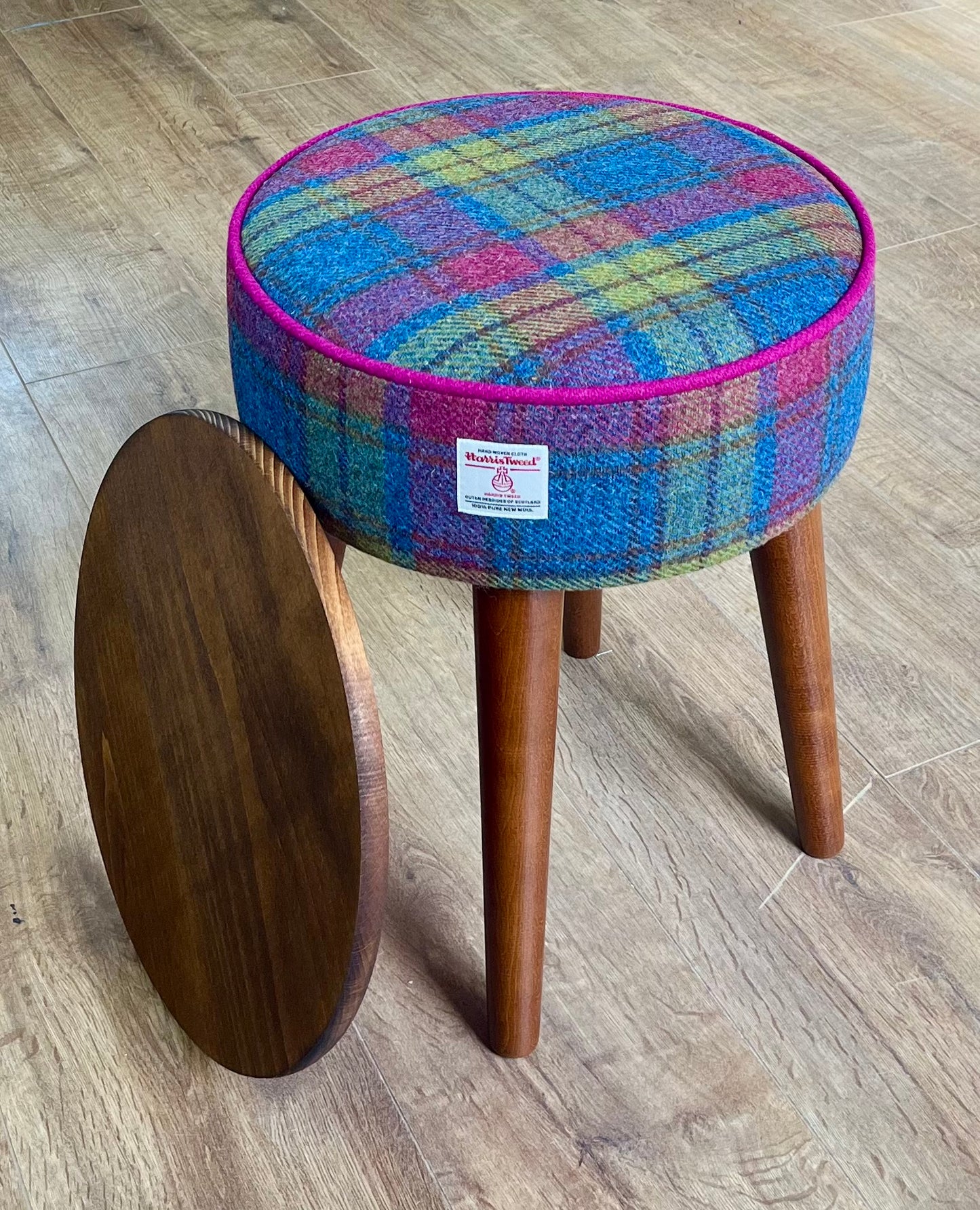 Colourful Tartan Harris Tweed Table Footstool with Fuchsia Piping and Removable Wooden Top