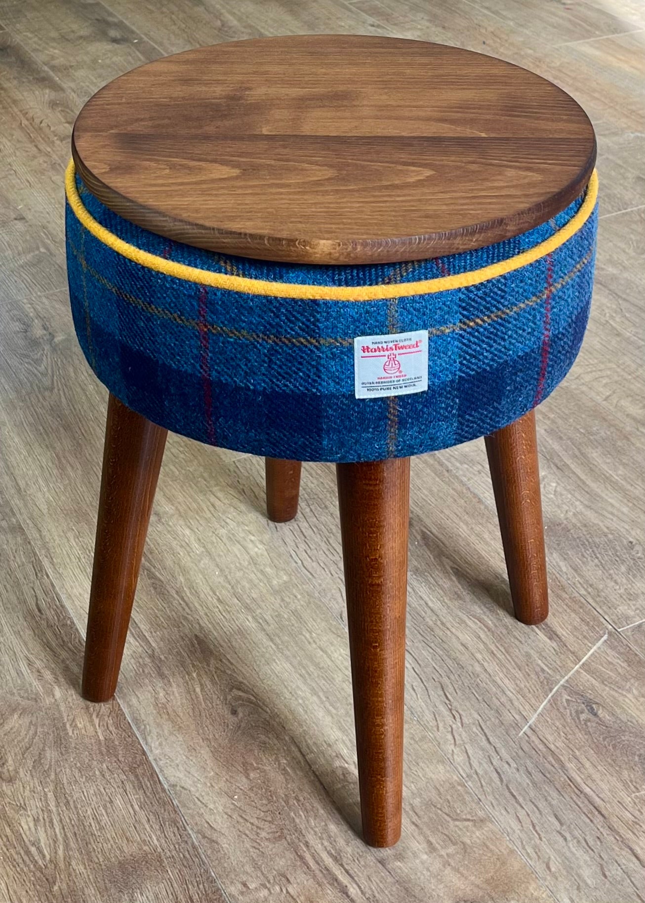 Blue Tartan Harris Tweed Table Footstool with Yellow Piping and Removable Wooden Top