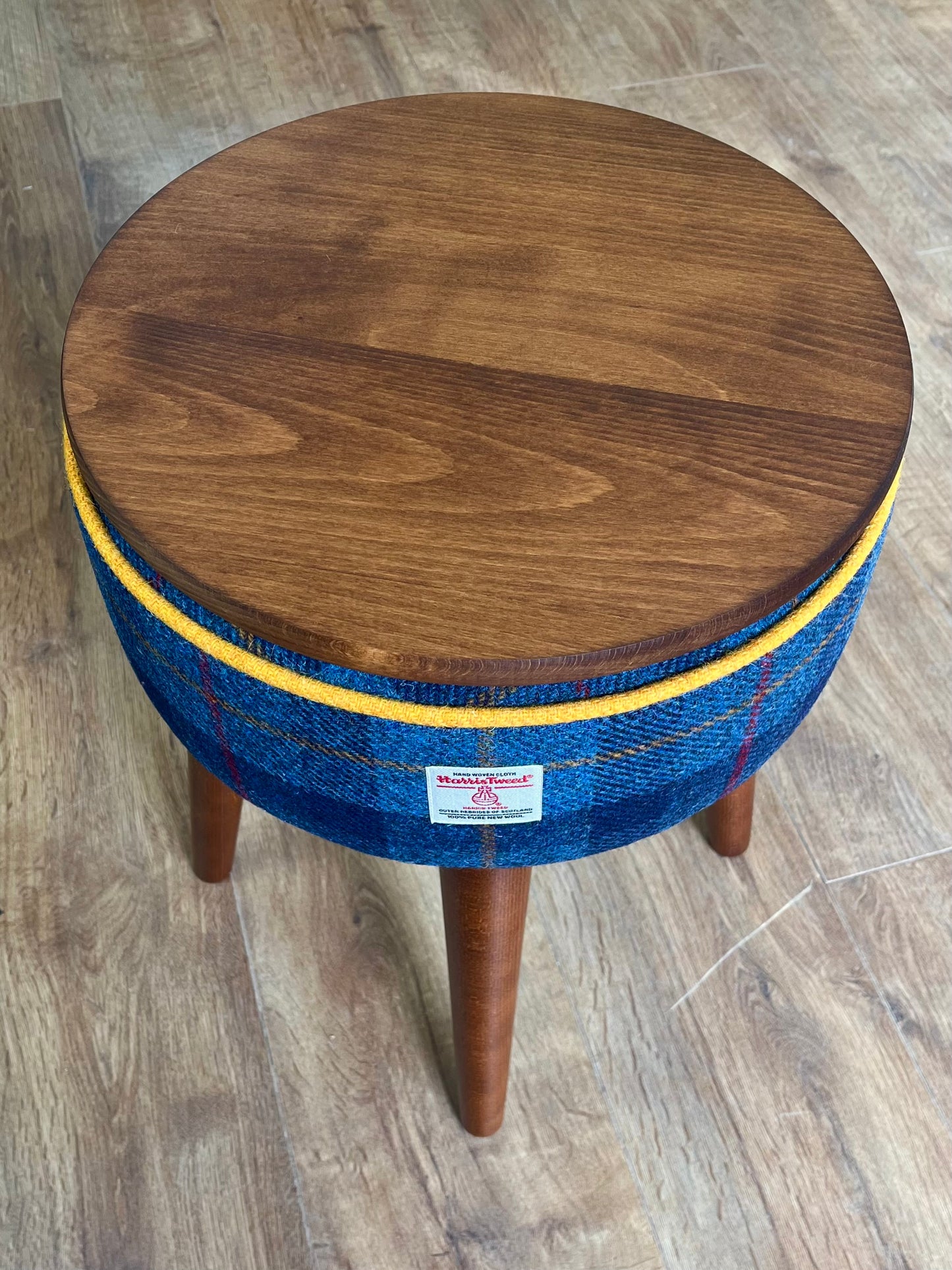 Blue Tartan Harris Tweed Table Footstool with Yellow Piping and Removable Wooden Top