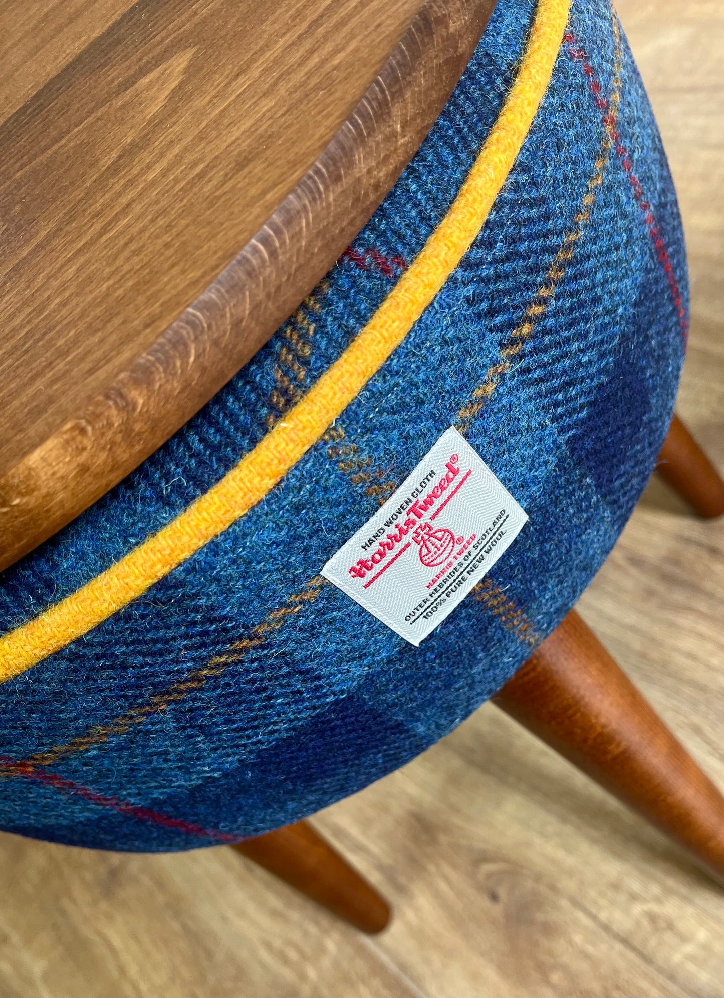 Blue Tartan Harris Tweed Table Footstool with Yellow Piping and Removable Wooden Top