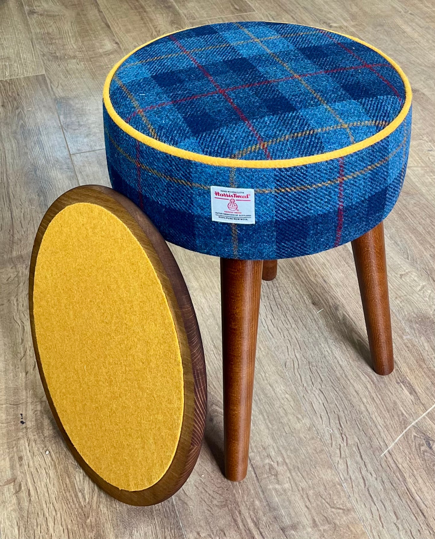 Blue Tartan Harris Tweed Table Footstool with Yellow Piping and Removable Wooden Top