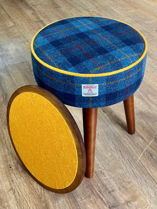 Blue Tartan Harris Tweed Table Footstool with Yellow Piping and Removable Wooden Top