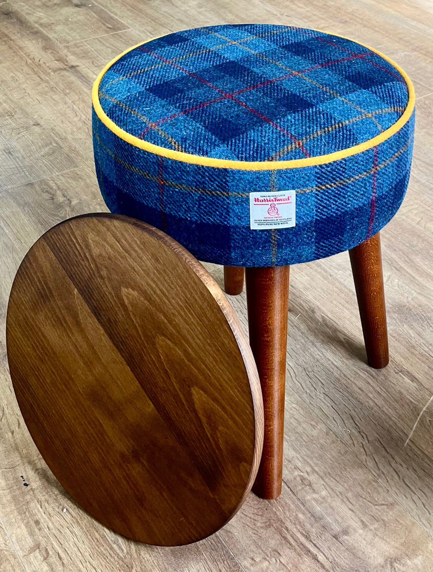 Blue Tartan Harris Tweed Table Footstool with Yellow Piping and Removable Wooden Top