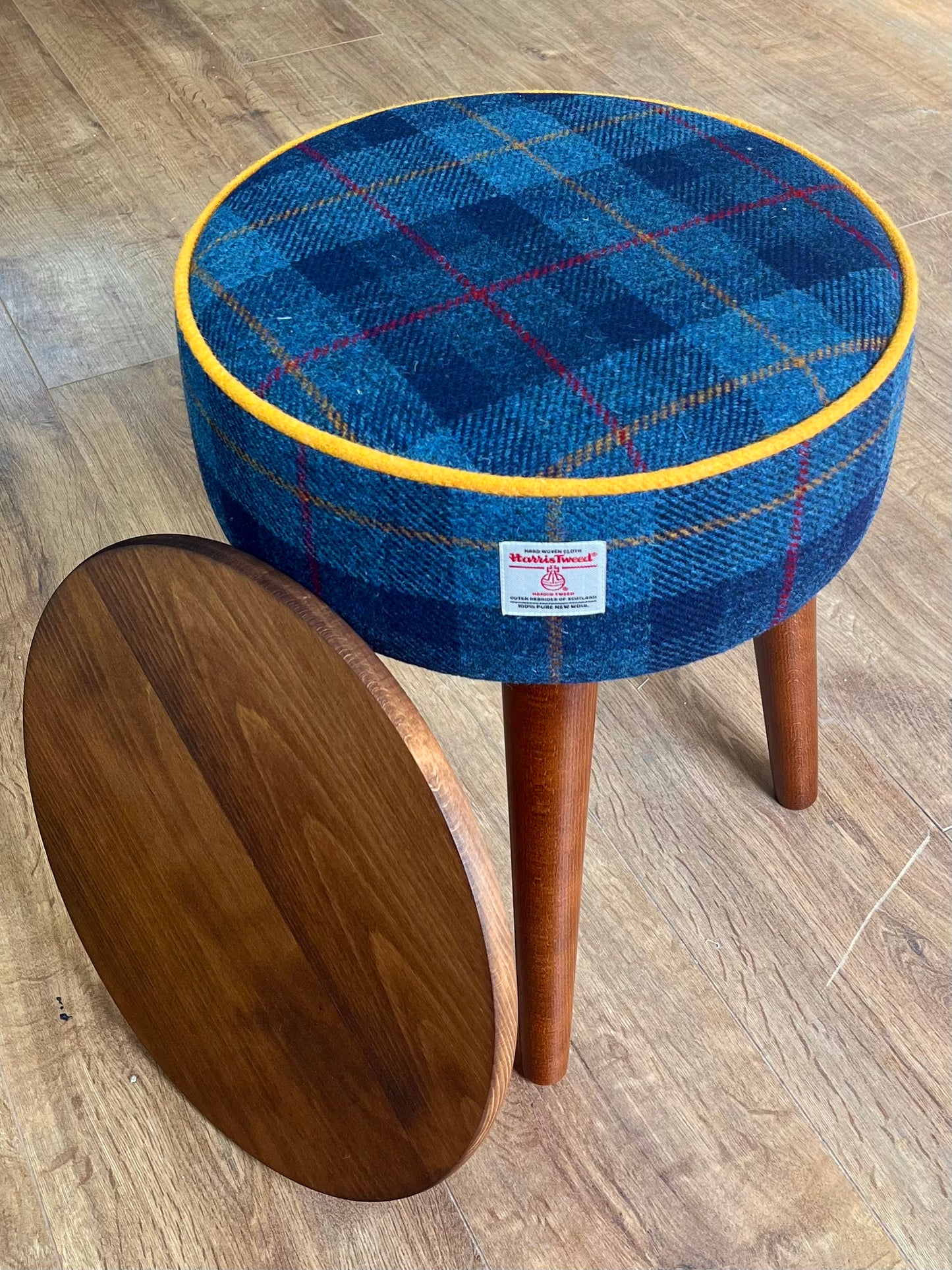 Blue Tartan Harris Tweed Table Footstool with Yellow Piping and Removable Wooden Top