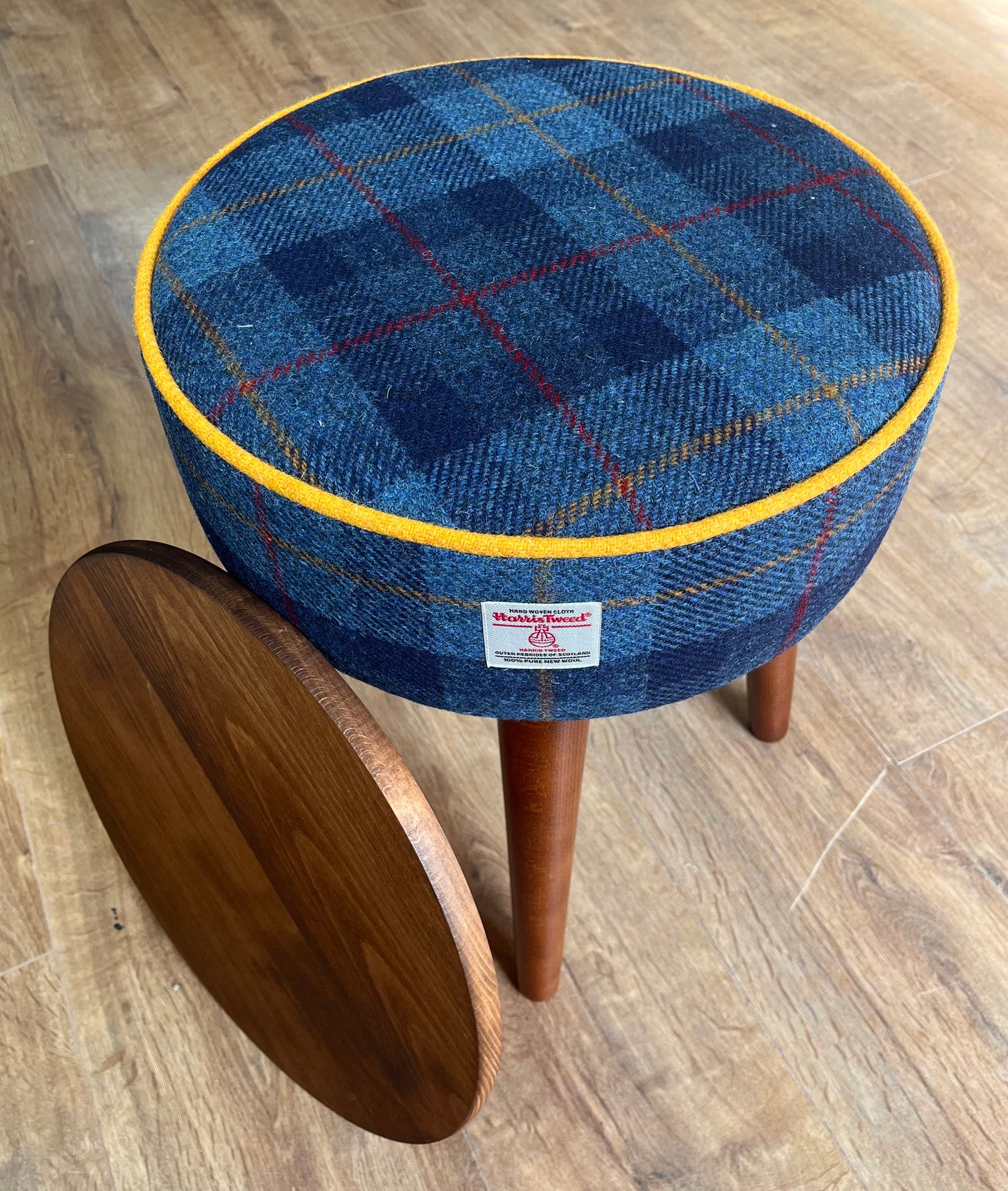 Blue Tartan Harris Tweed Table Footstool with Yellow Piping and Removable Wooden Top
