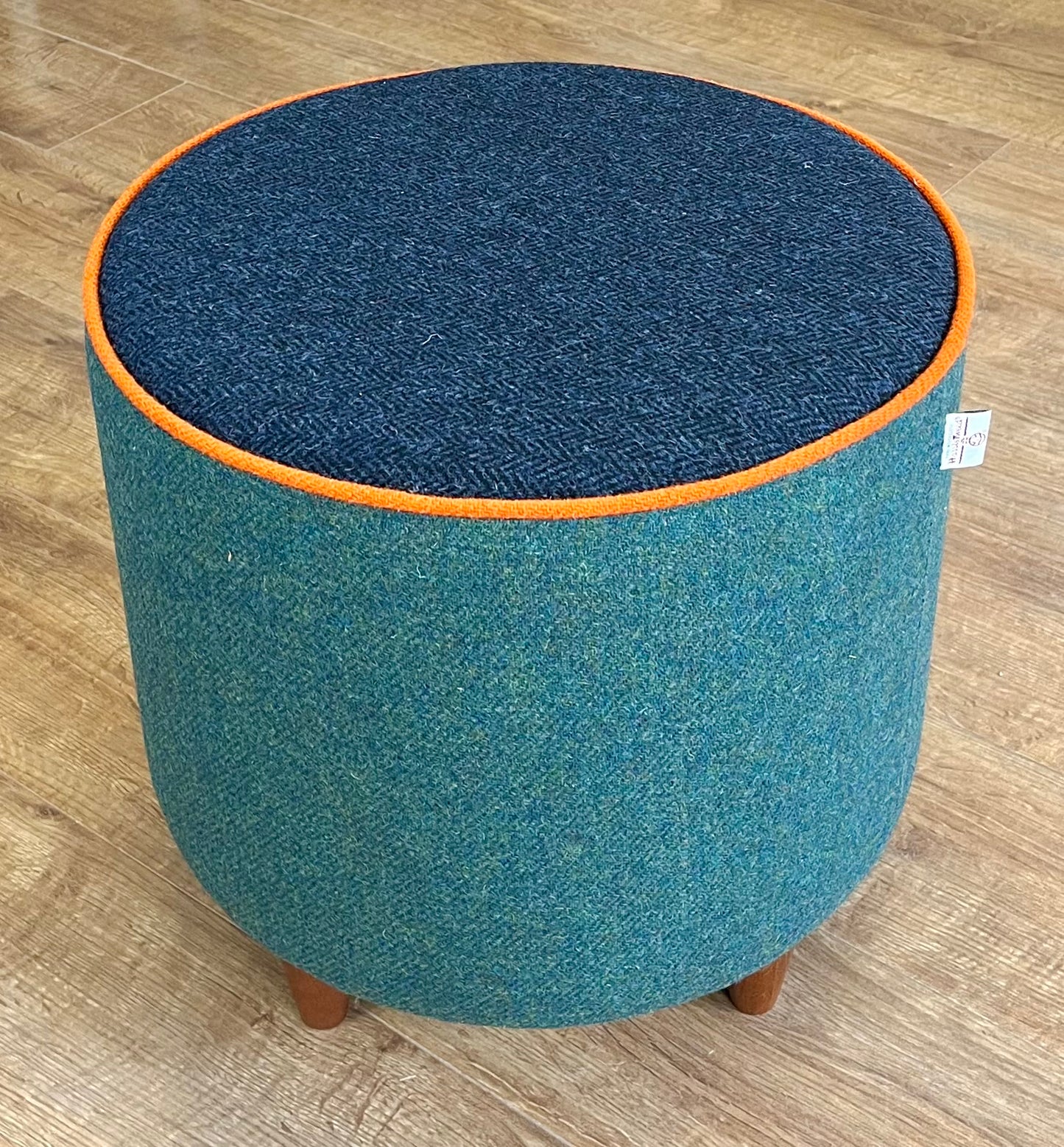 Green and Navy Harris Tweed Footstool with Orange Piping Detail