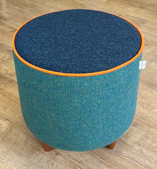 Green and Navy Harris Tweed Footstool with Orange Piping Detail