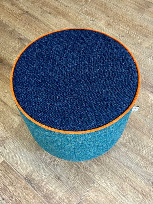 Green and Navy Harris Tweed Footstool with Orange Piping Detail