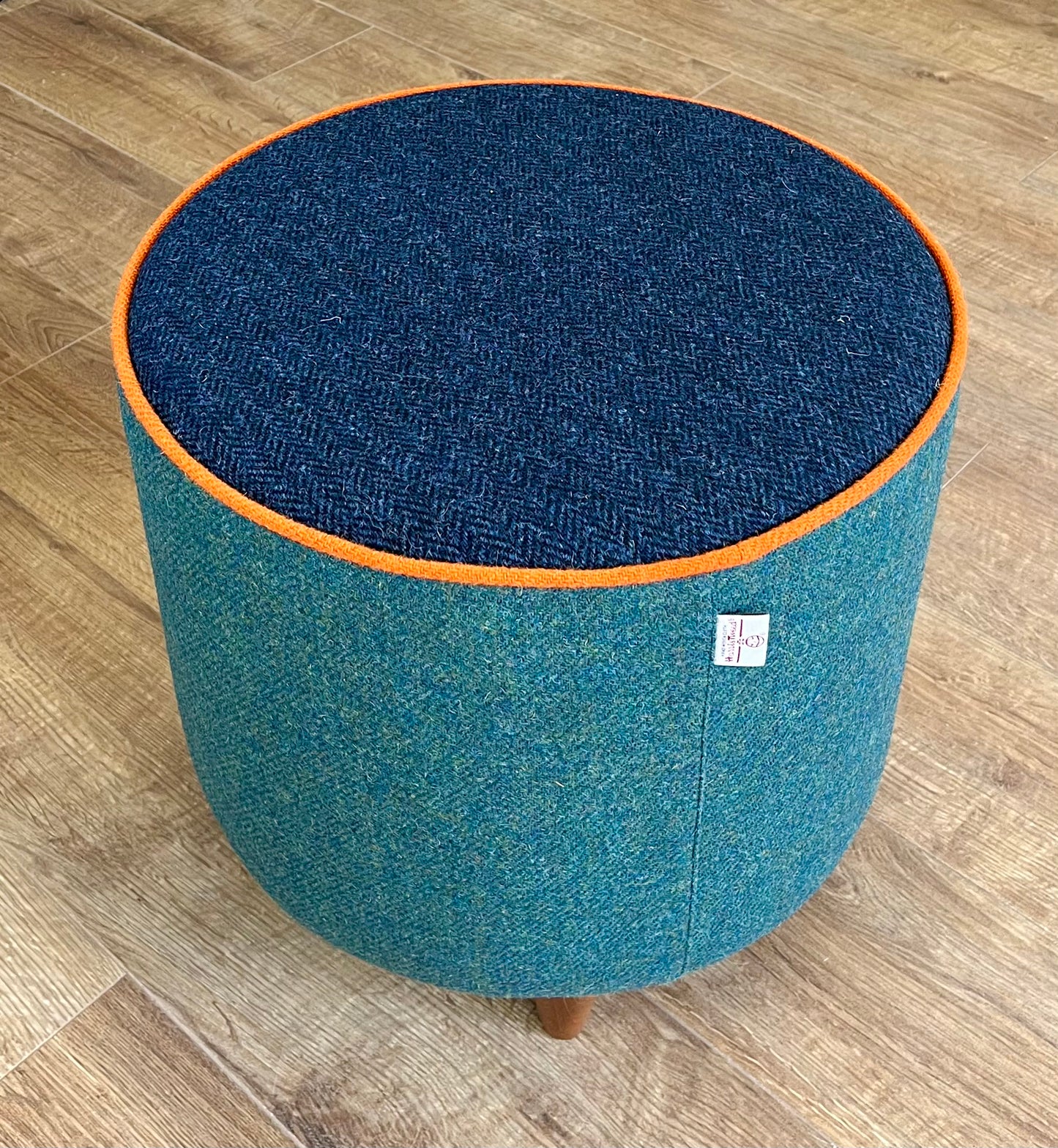 Green and Navy Harris Tweed Footstool with Orange Piping Detail