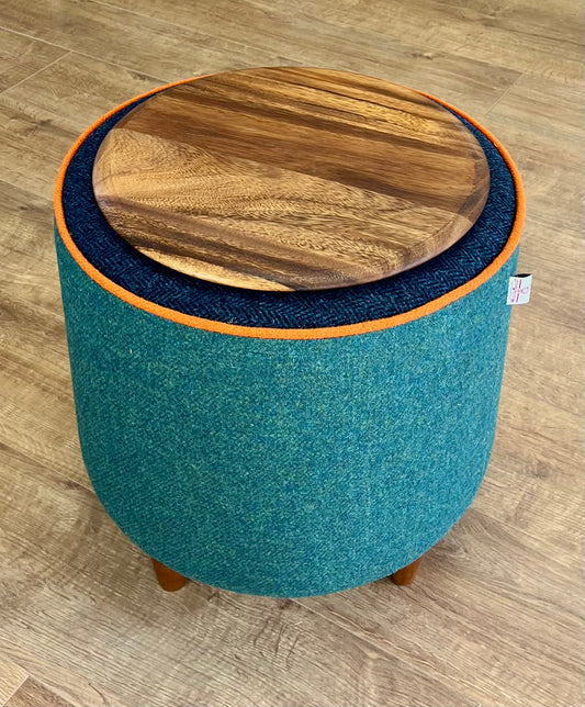 Green & Navy Harris Tweed Chunky Table Footstool with Orange Piping Detail