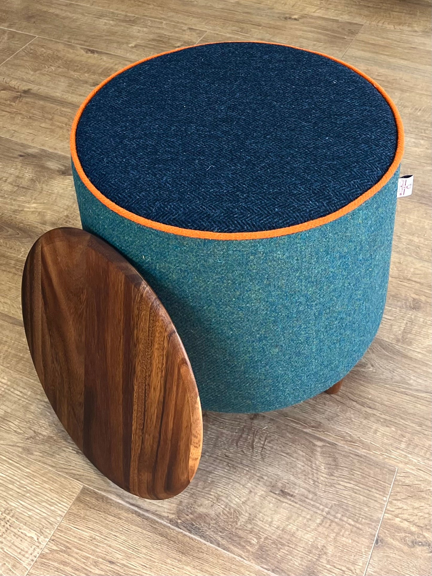 Green & Navy Harris Tweed Chunky Table Footstool with Orange Piping Detail