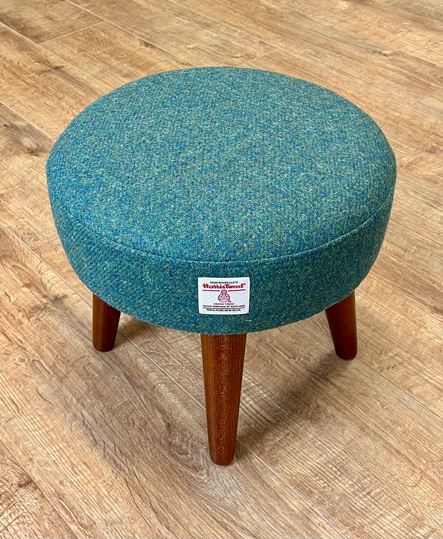 Deep Green Harris Tweed Footstool with Dark Varnished Light Wooden Legs