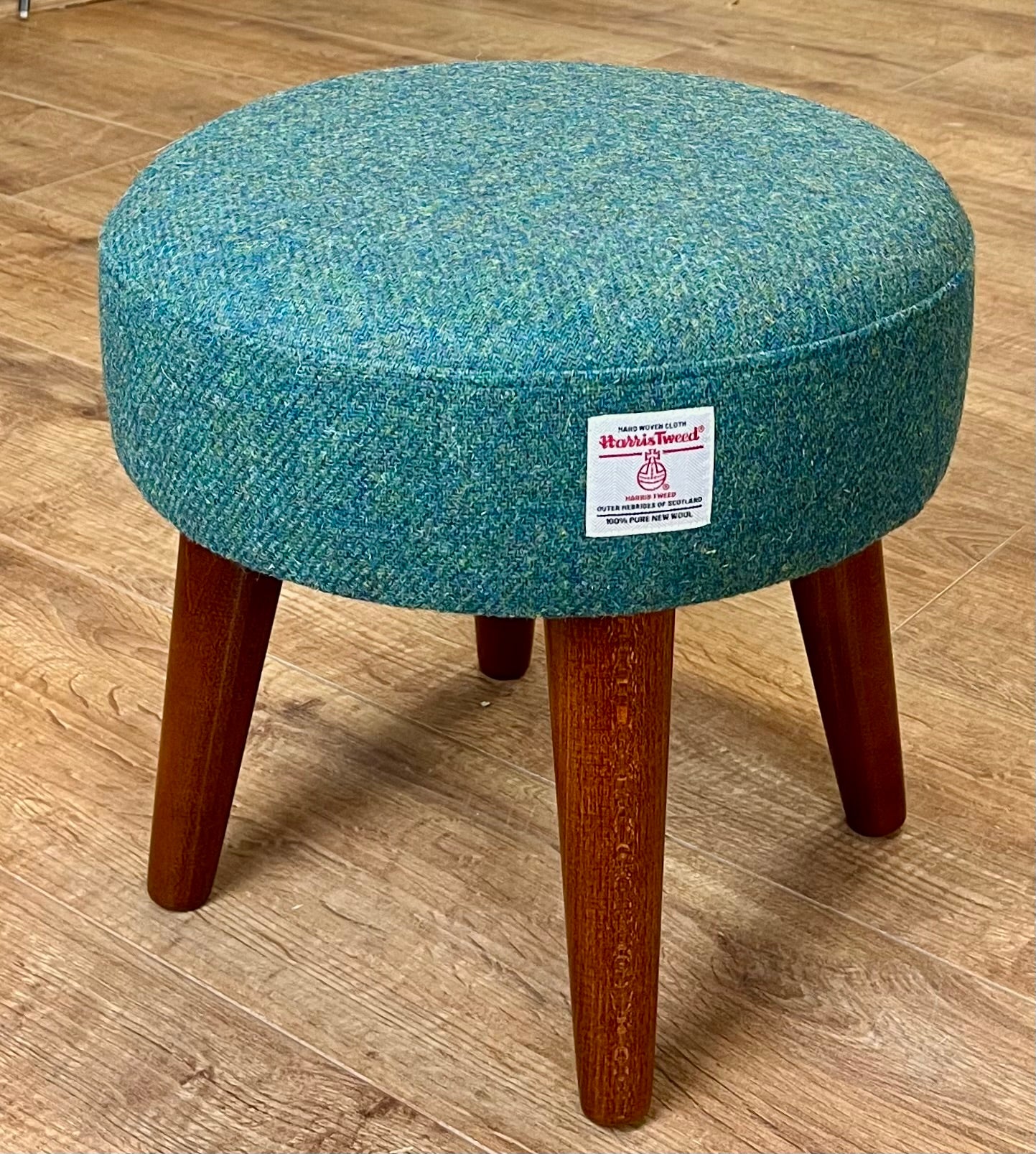 Deep Green Harris Tweed Footstool with Dark Varnished Light Wooden Legs