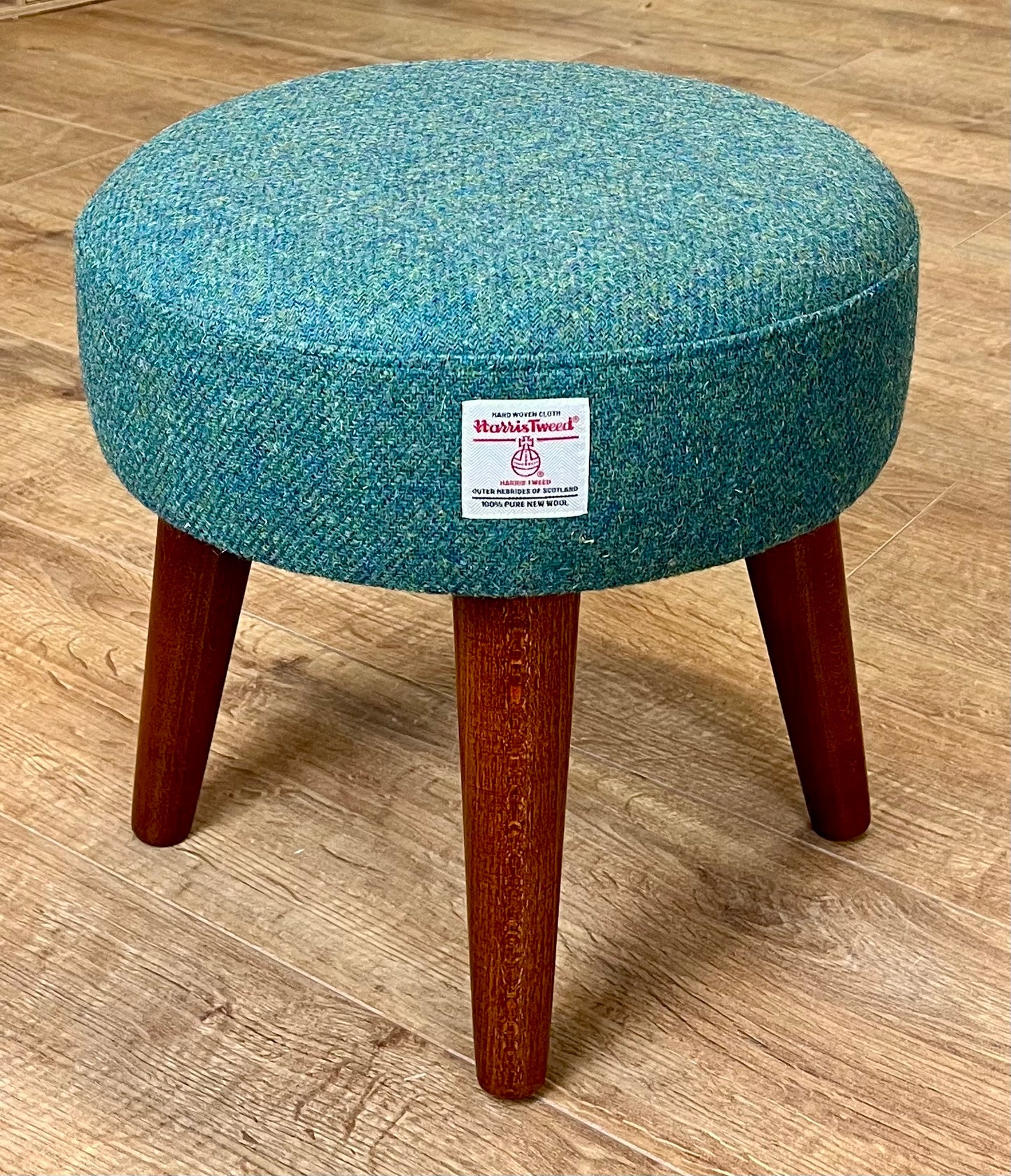 Deep Green Harris Tweed Footstool with Dark Varnished Light Wooden Legs