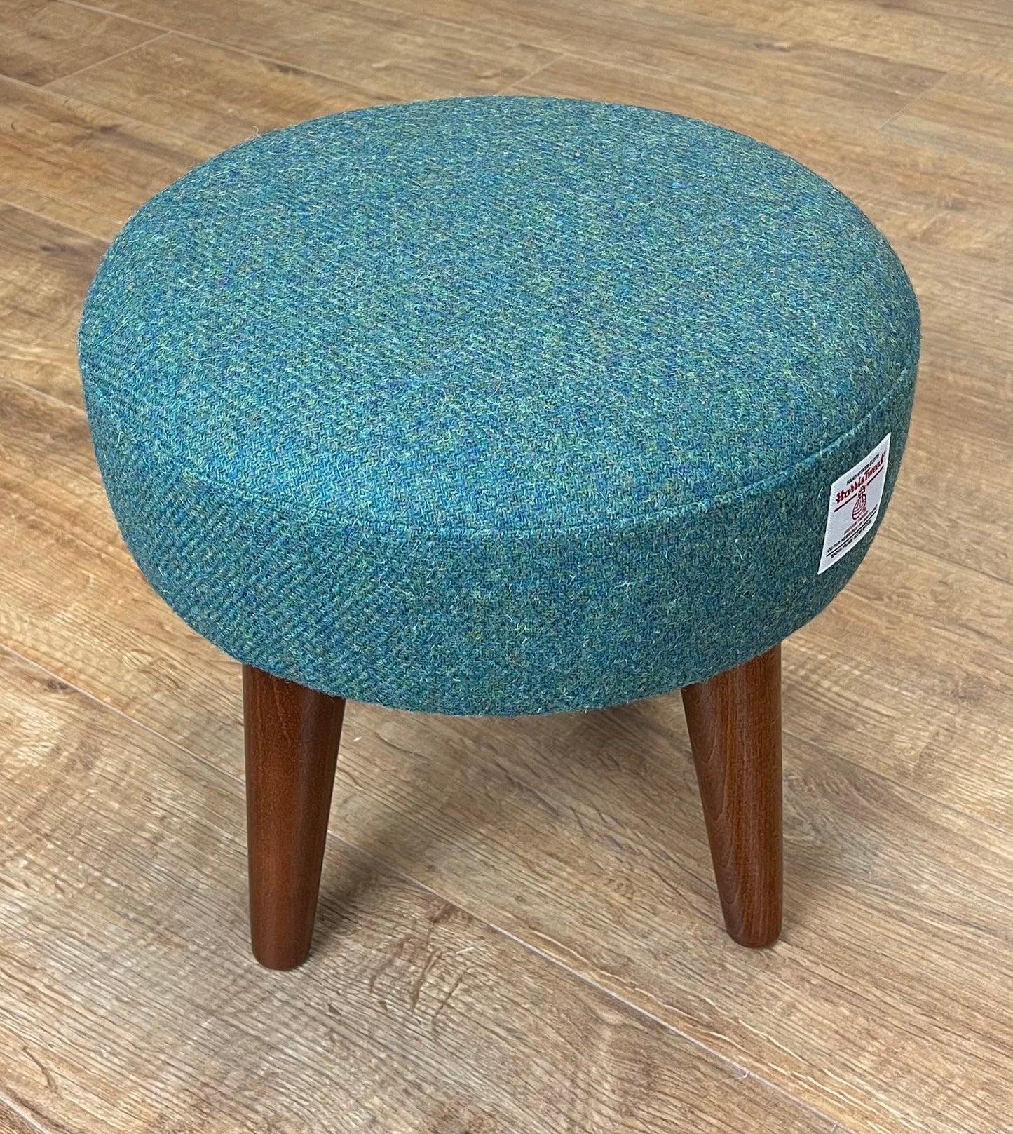 Deep Green Harris Tweed Footstool with Dark Varnished Light Wooden Legs