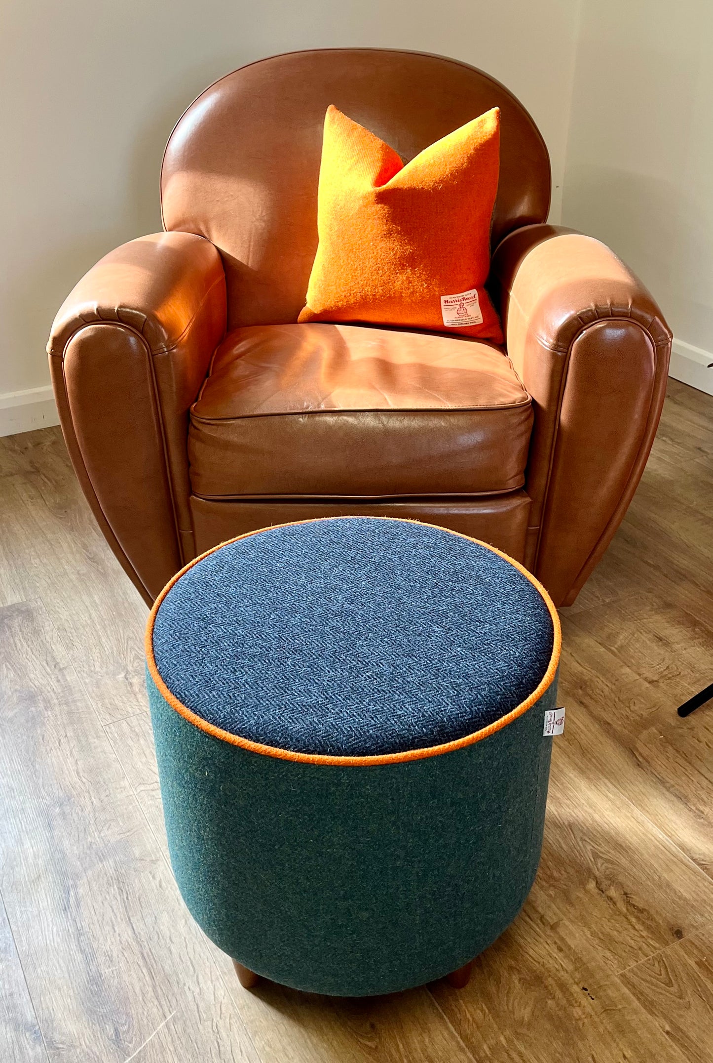 Green and Navy Harris Tweed Footstool with Orange Piping Detail