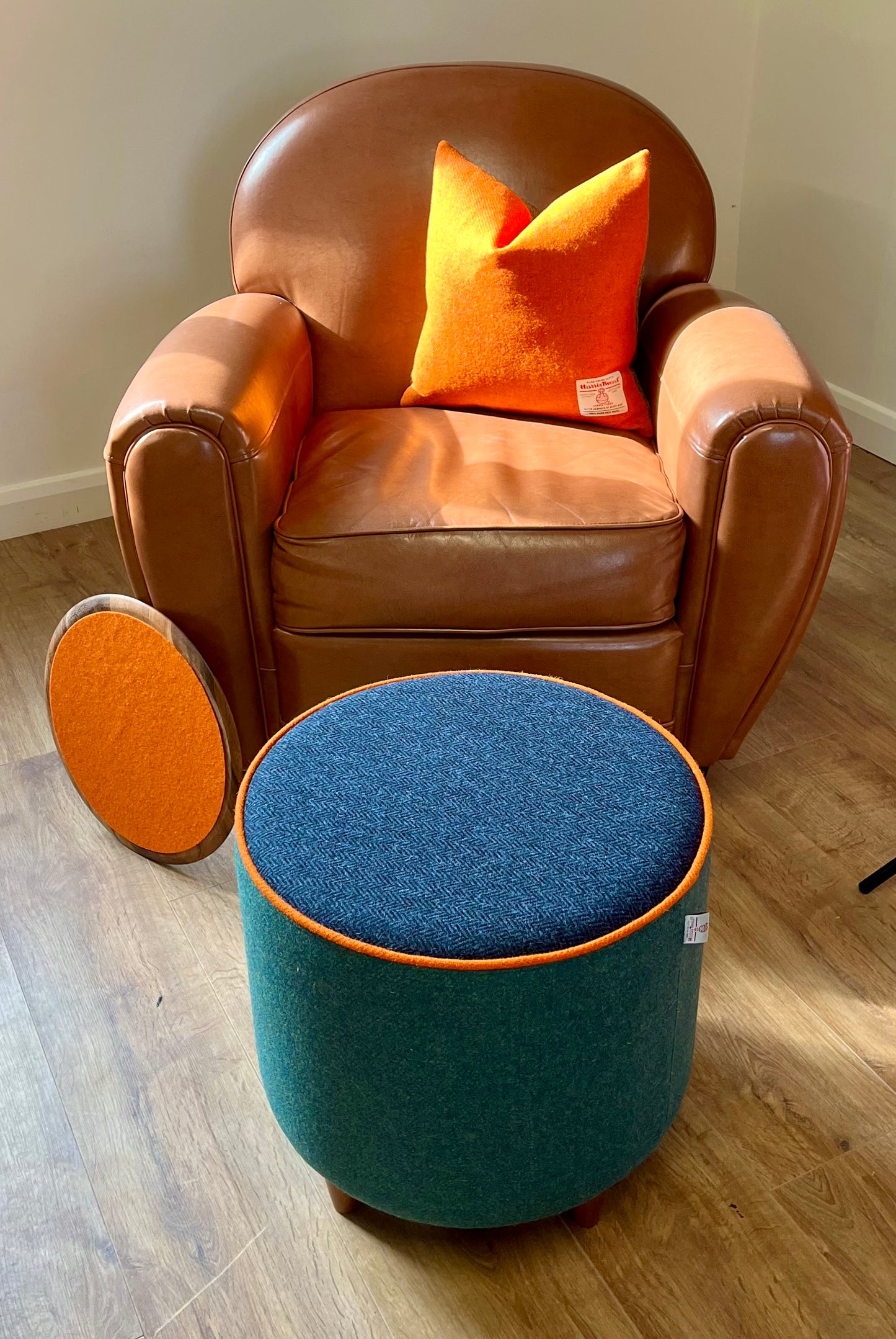 Green & Navy Harris Tweed Chunky Table Footstool with Orange Piping Detail