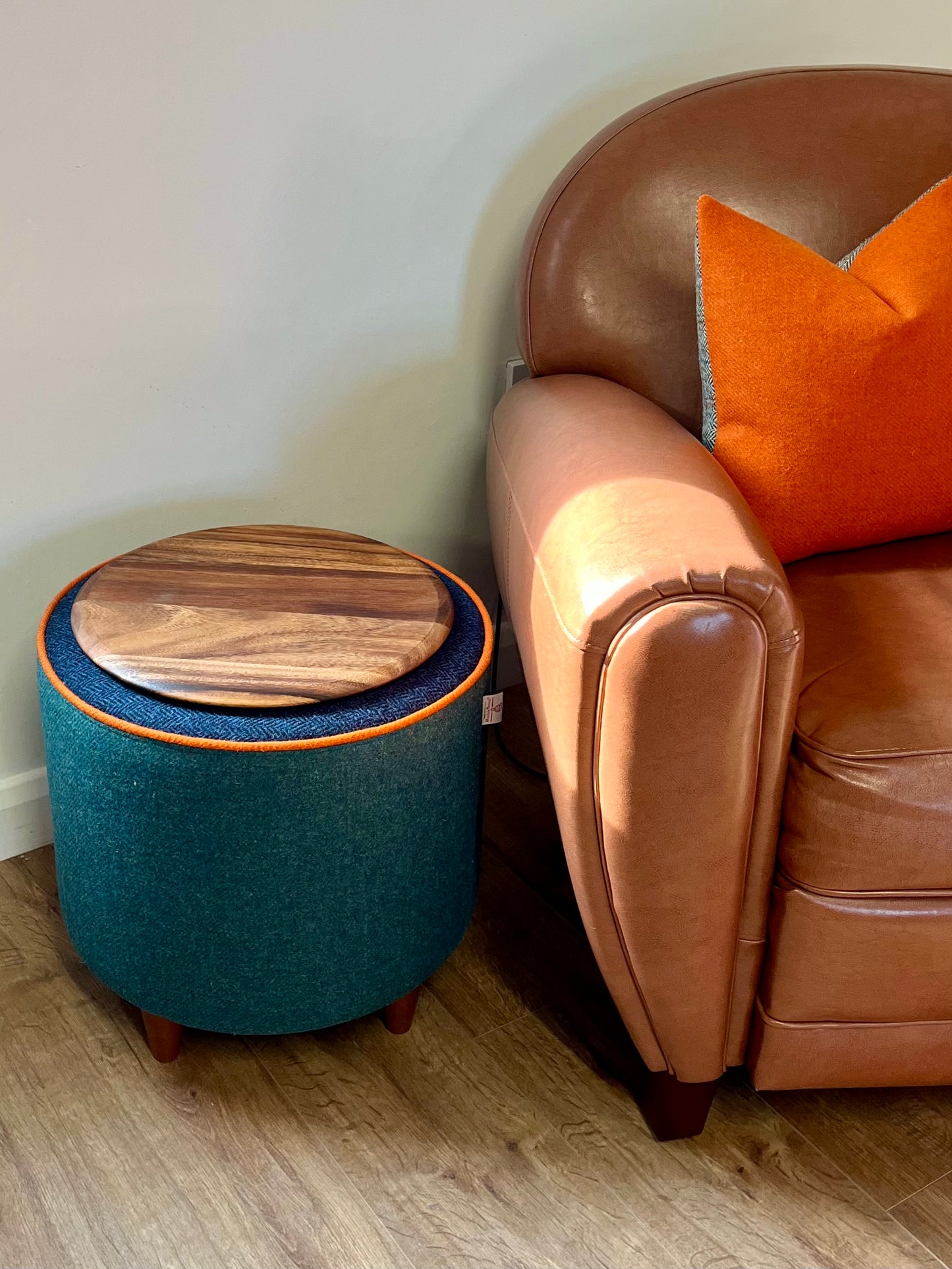 Green & Navy Harris Tweed Chunky Table Footstool with Orange Piping Detail