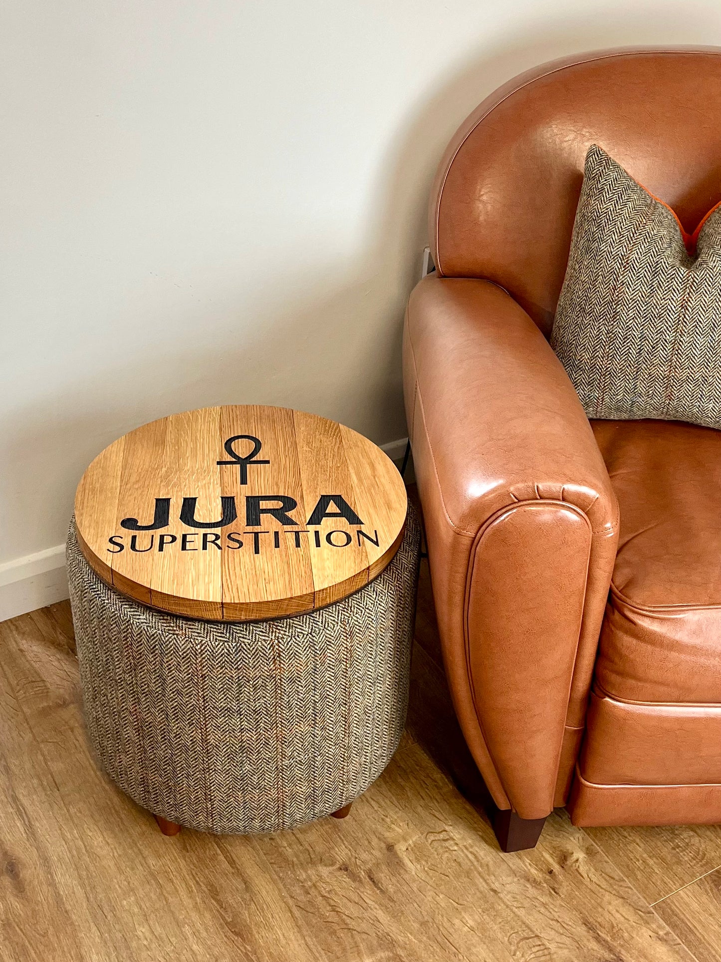 Jura Oak Whisky Barrel Top Harris Tweed 'Wee Dram' Table Footstool