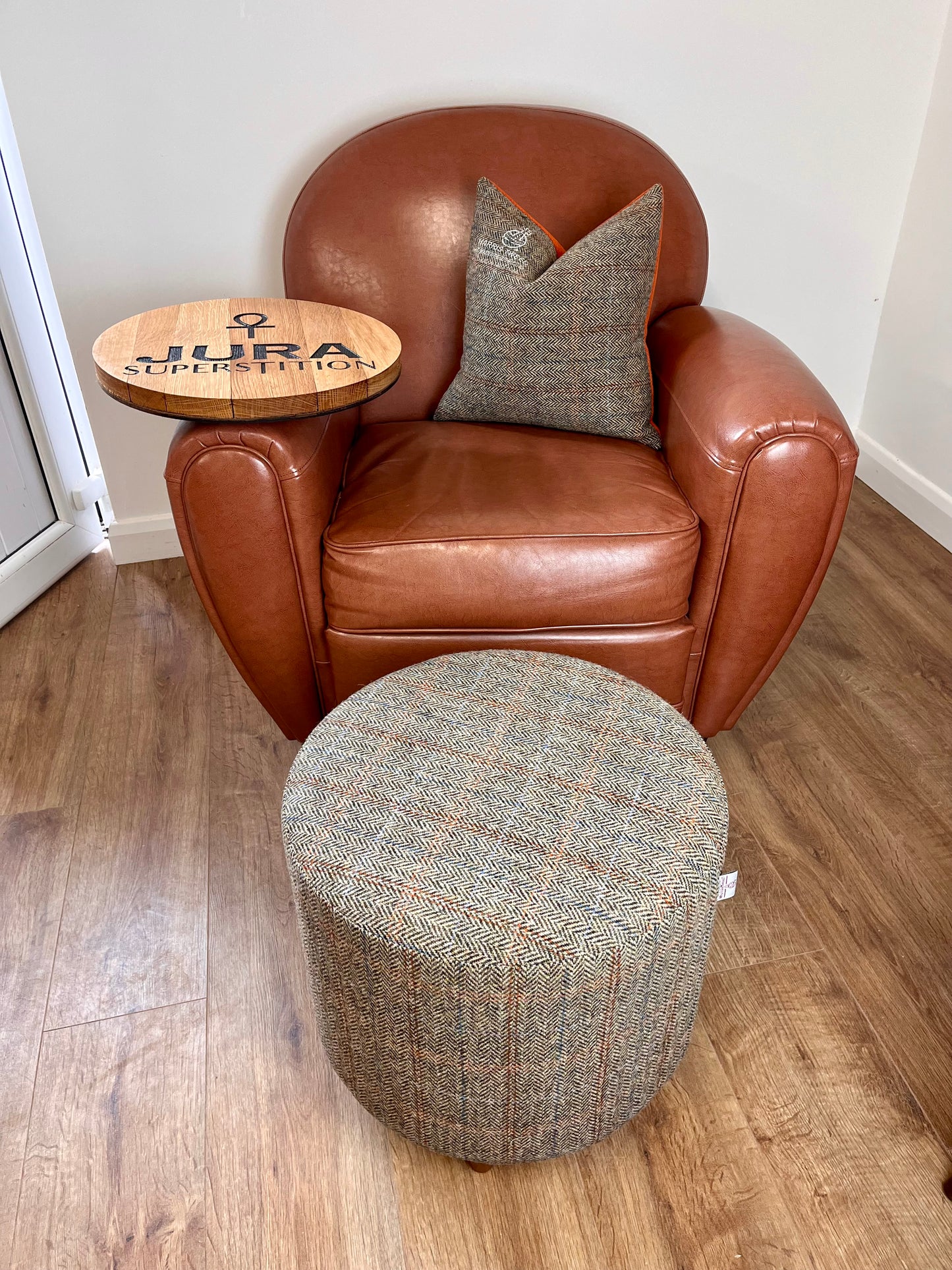 Jura Oak Whisky Barrel Top Harris Tweed 'Wee Dram' Table Footstool