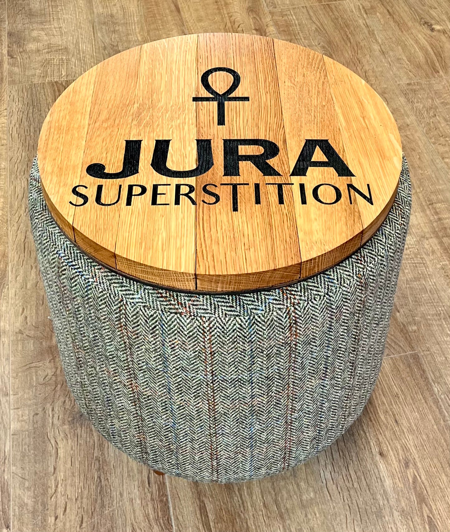 Jura Oak Whisky Barrel Top Harris Tweed 'Wee Dram' Table Footstool