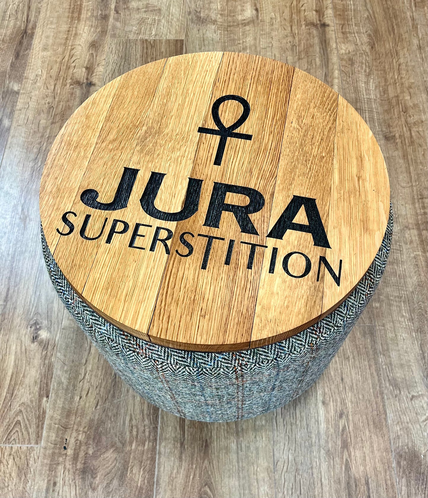 Jura Oak Whisky Barrel Top Harris Tweed 'Wee Dram' Table Footstool