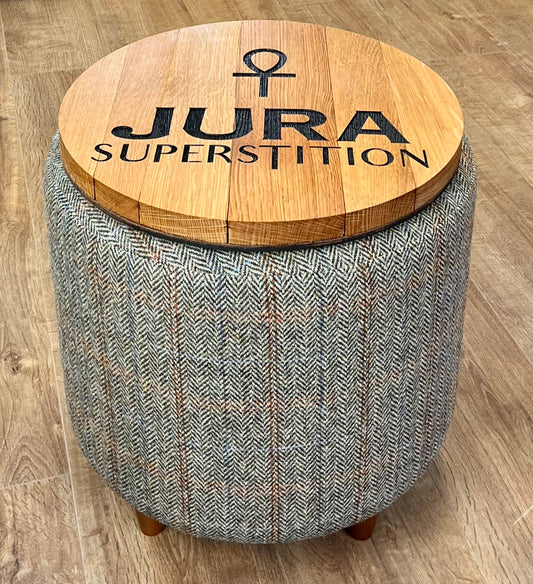 Jura Oak Whisky Barrel Top Harris Tweed 'Wee Dram' Table Footstool
