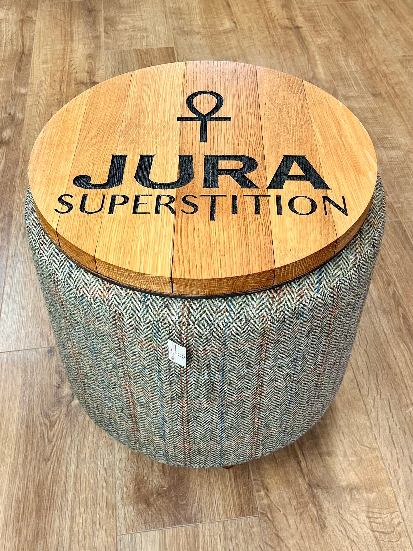 Jura Oak Whisky Barrel Top Harris Tweed 'Wee Dram' Table Footstool
