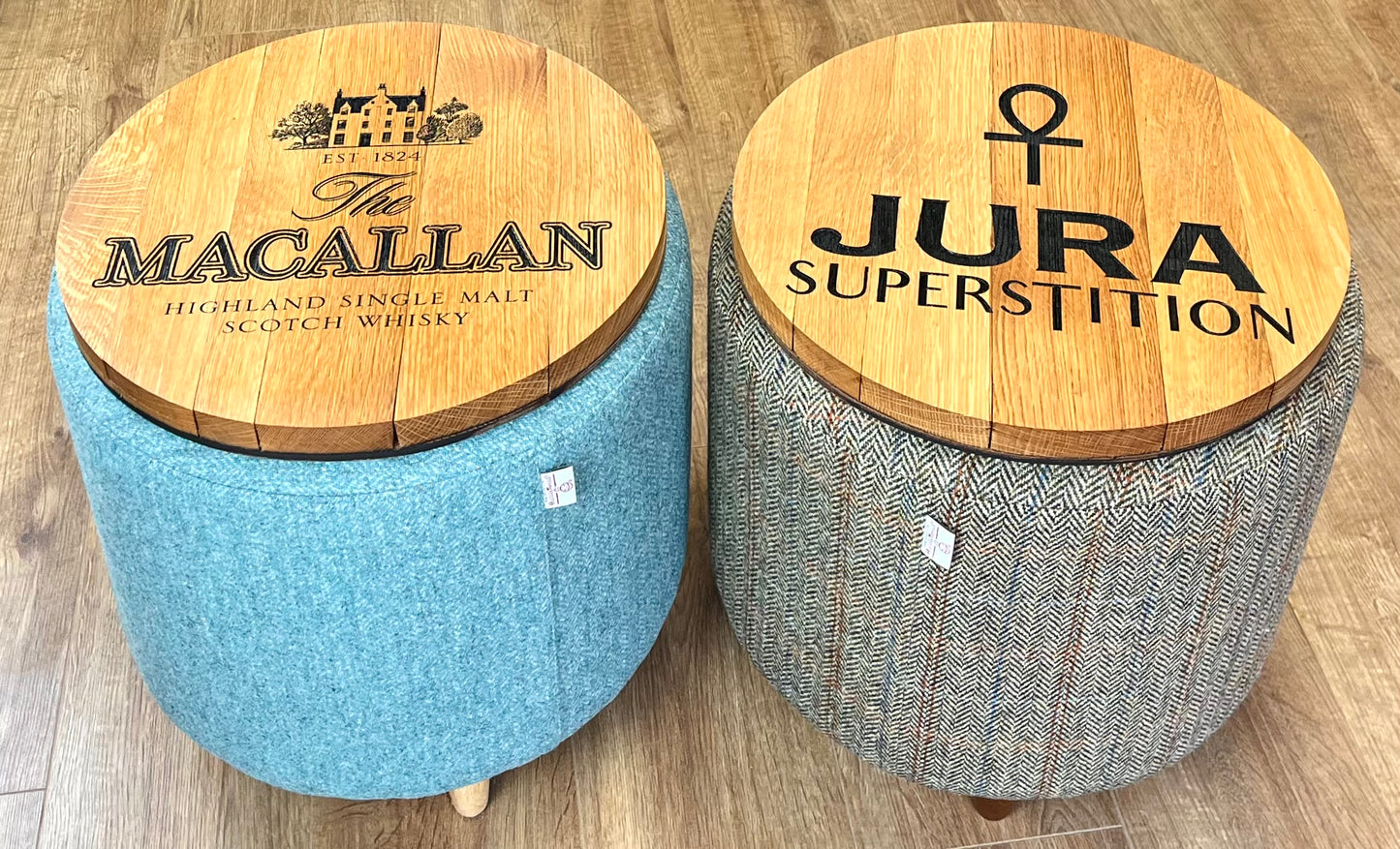 Isle of Tiree Oak Whisky Harris Tweed 'Wee Dram' Table Footstool