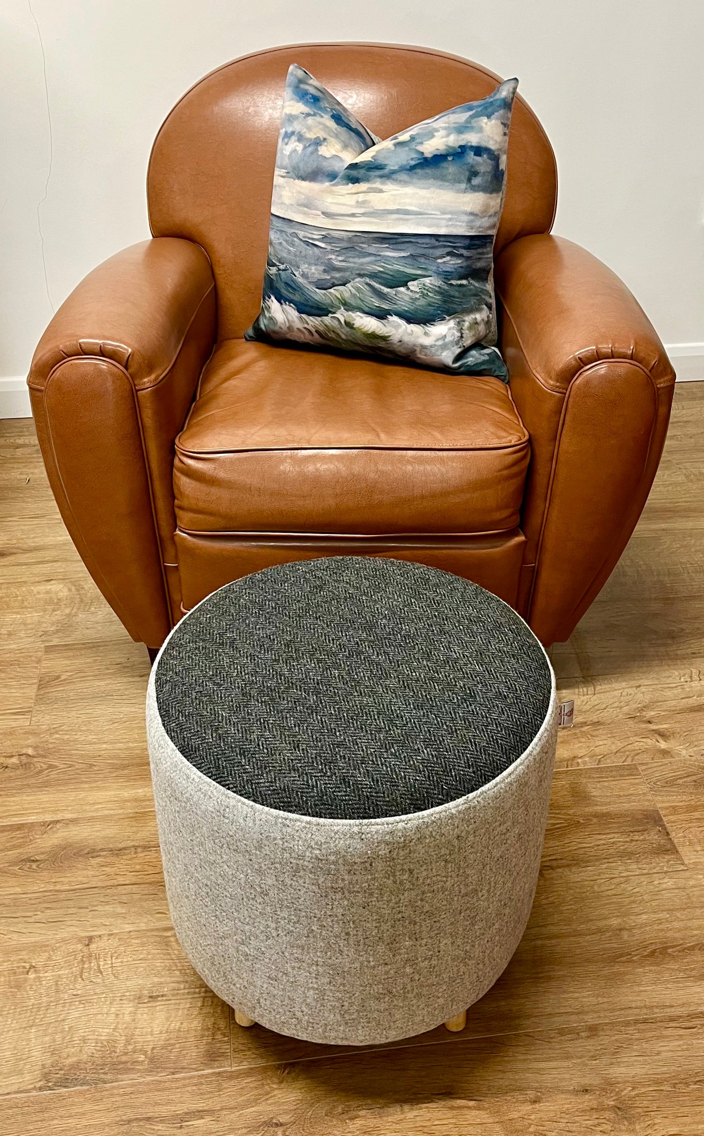 Grey and Charcoal Herringbone Harris Tweed Chunky Footstool