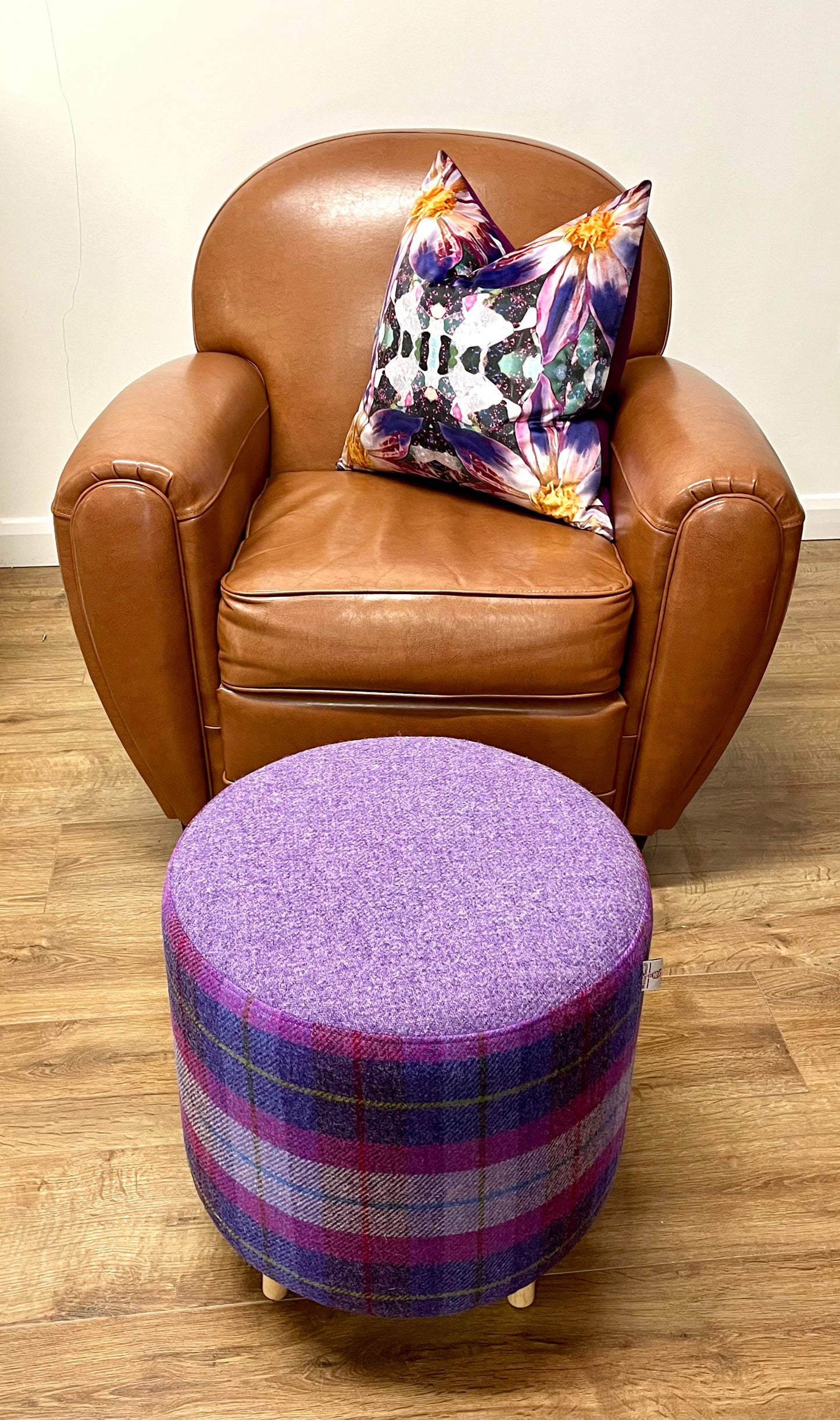 Lilac and Purple Tartan Harris Tweed Chunky Footstool
