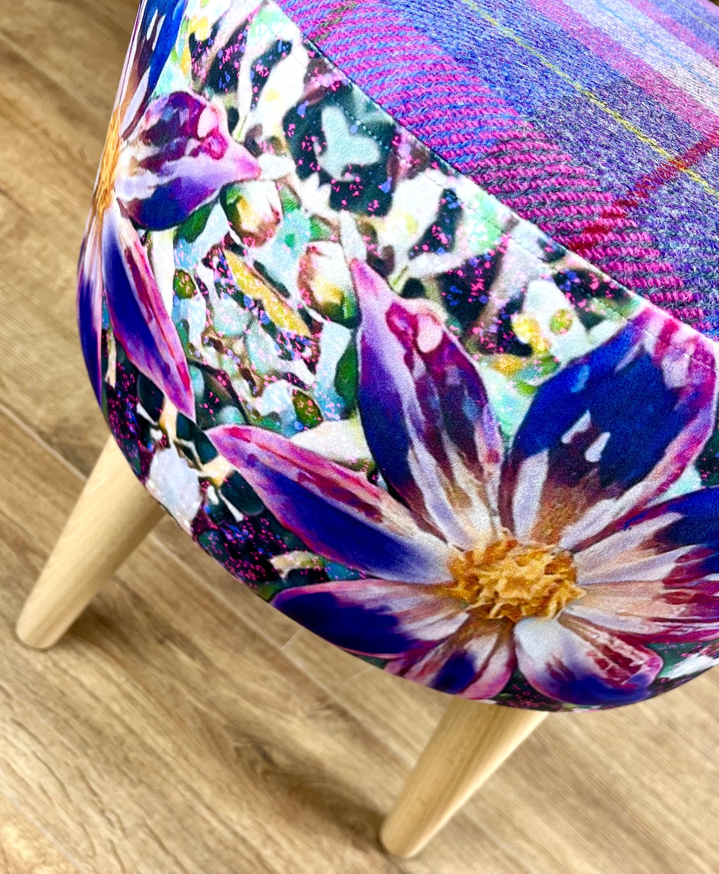 Arran Flower Velvet and Purple Harris Tweed Footstool