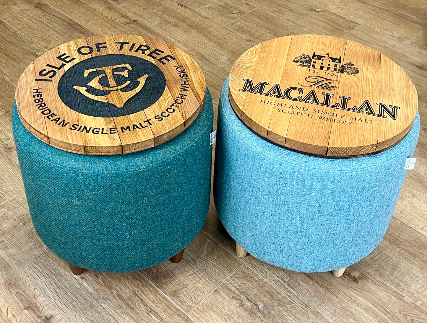 Isle of Tiree Oak Whisky Harris Tweed 'Wee Dram' Table Footstool