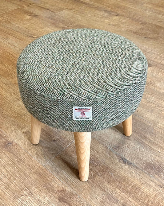 Light Brown Green Harris Tweed Footstool with Varnished Light Wooden Legs