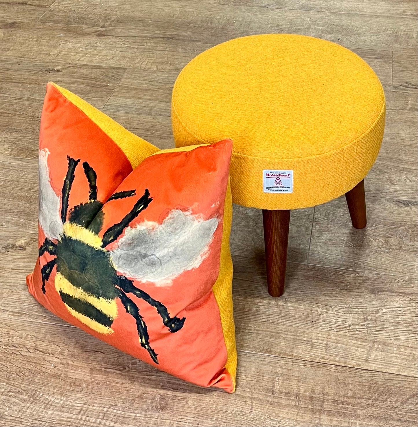 Yellow Harris Tweed Footstool with Varnished Wooden Legs