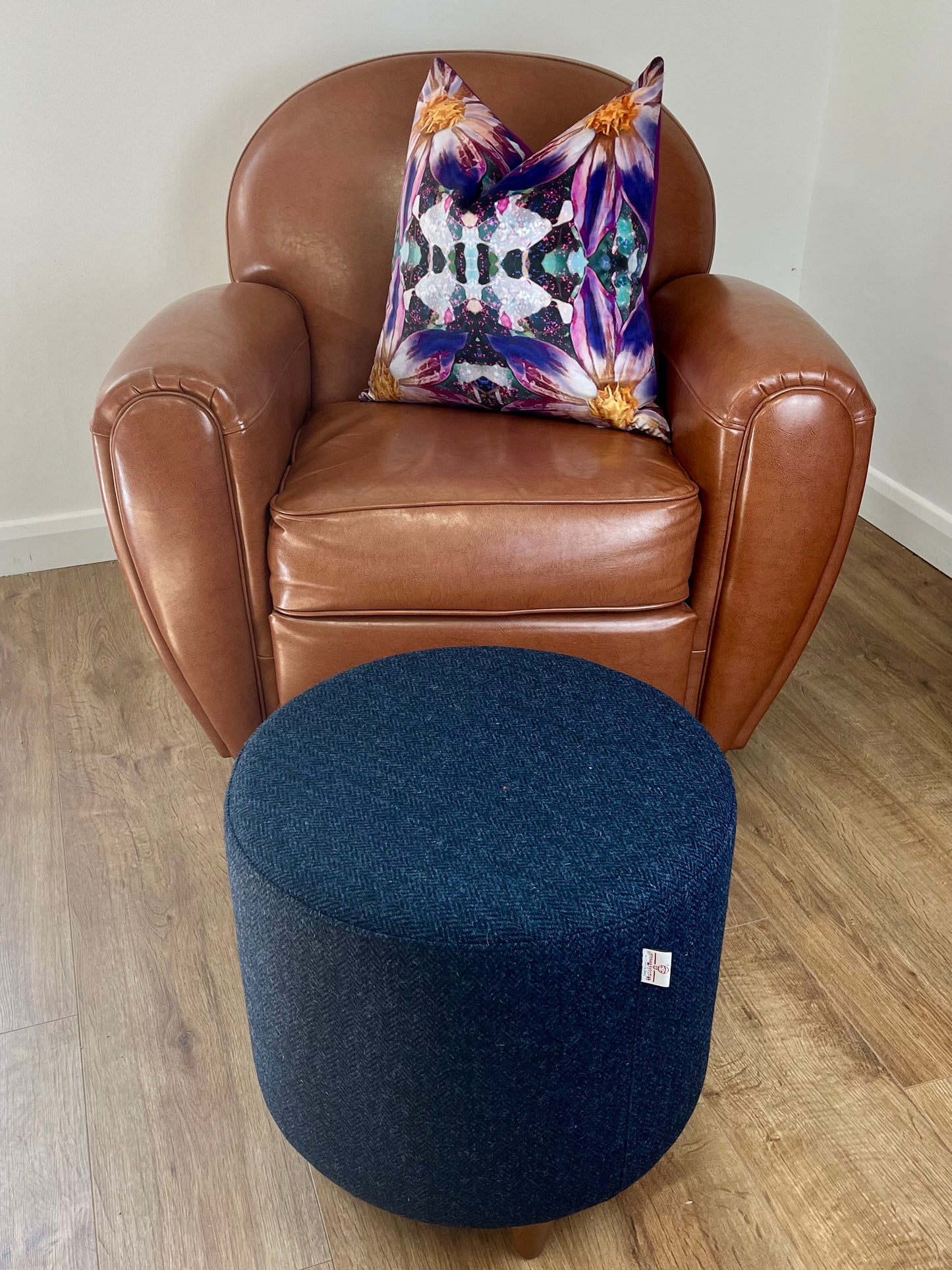 Navy Blue Harris Tweed Chunky Footstool