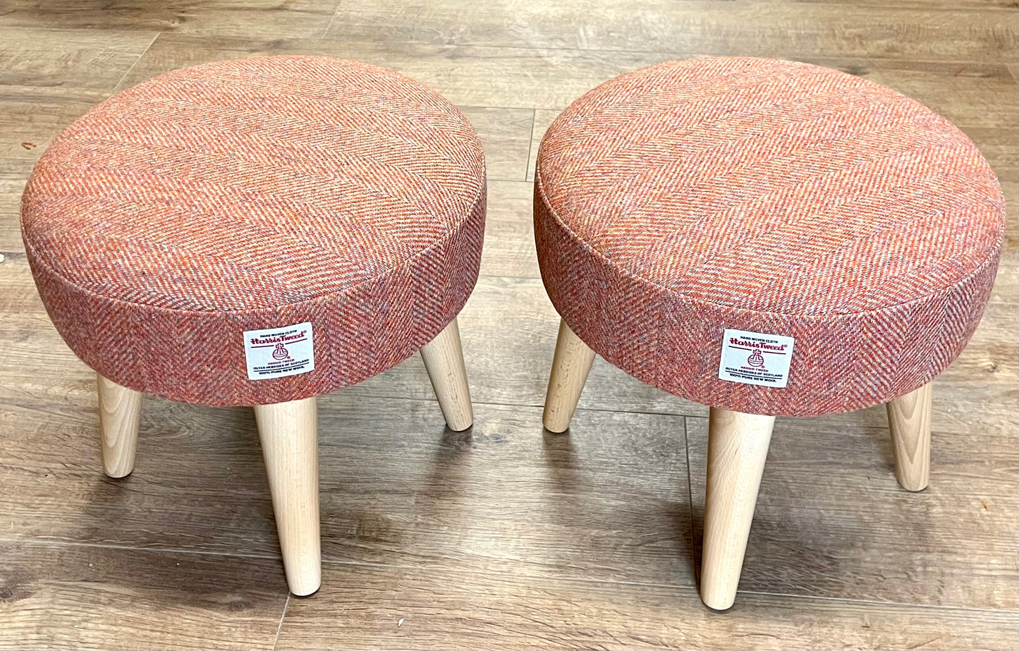 Burnt Orange Harris Tweed Footstool with Varnished Wooden Legs