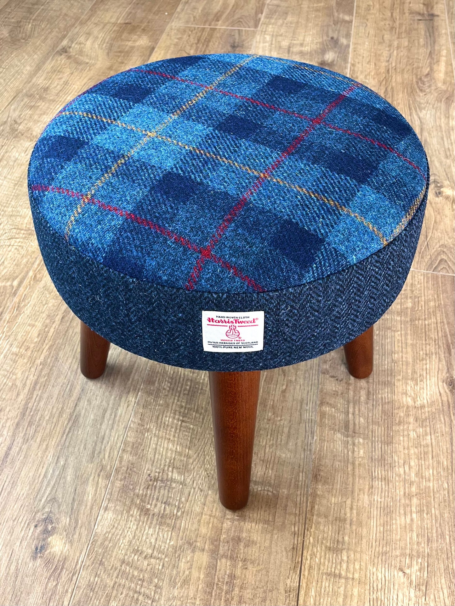 Small Tartan and Navy Blue Herringbone Harris Tweed Footstool