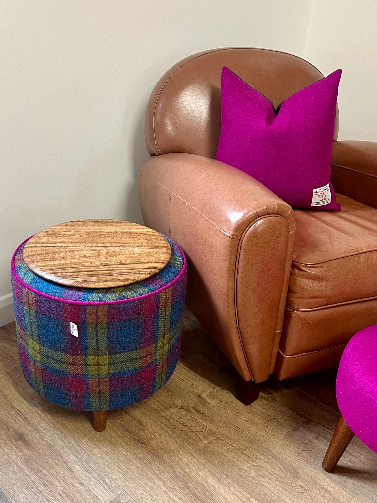 Colourful Tartan Harris Tweed Chunky End Table Footstool with Fuchsia Piping