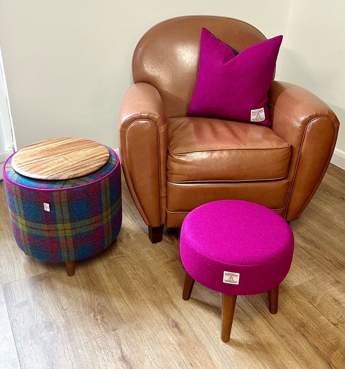 Colourful Tartan Harris Tweed Chunky End Table Footstool with Fuchsia Piping