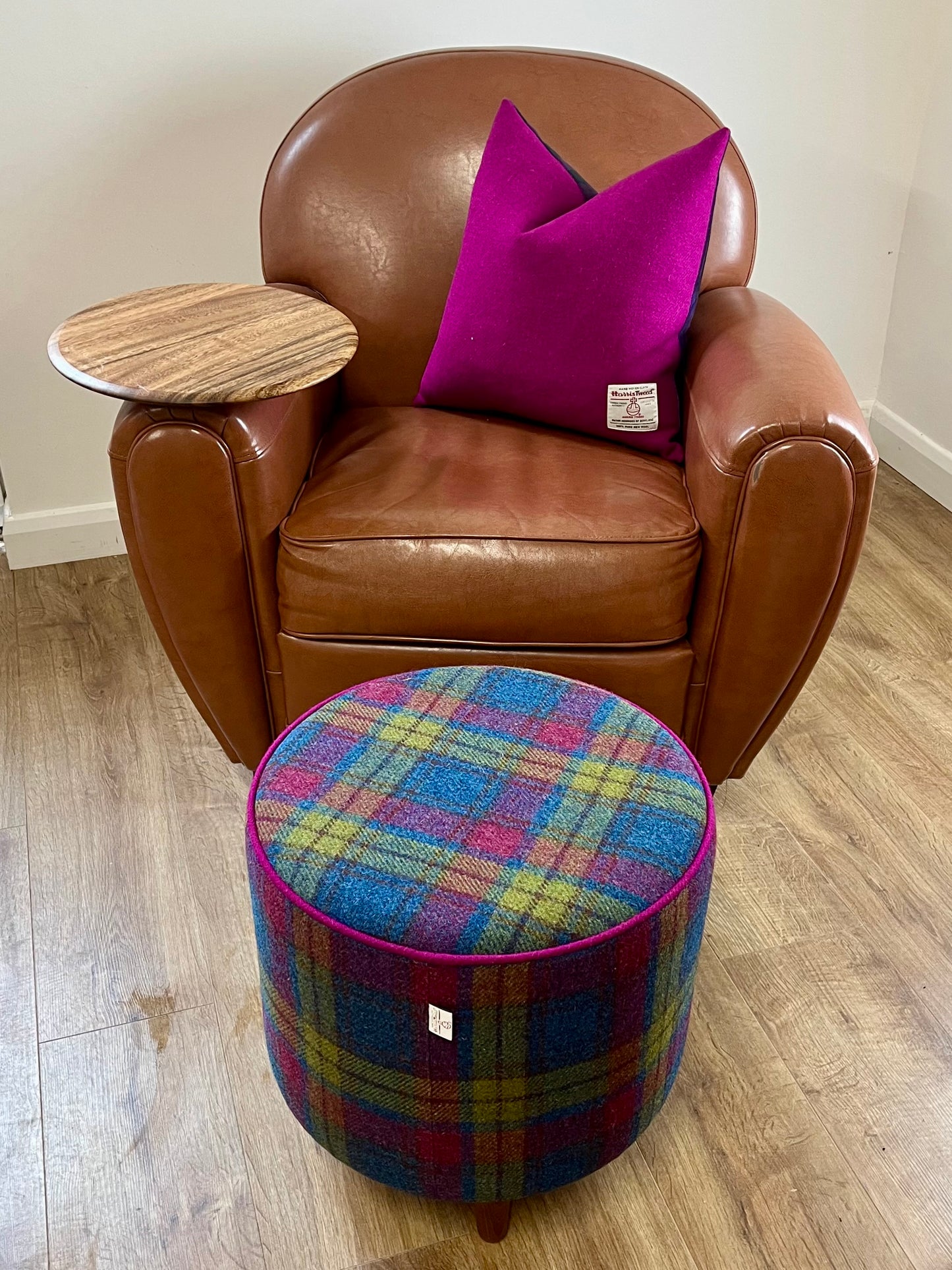 Colourful Tartan Harris Tweed Chunky End Table Footstool with Fuchsia Piping