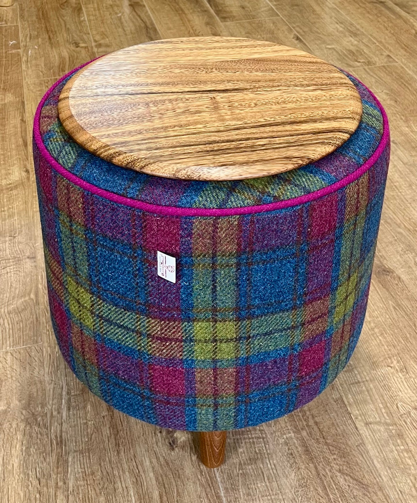 Colourful Tartan Harris Tweed Chunky End Table Footstool with Fuchsia Piping