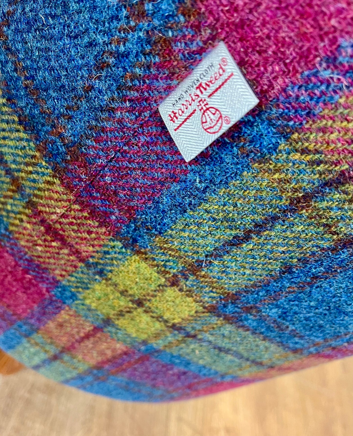 Colourful Tartan Harris Tweed Chunky End Table Footstool with Fuchsia Piping