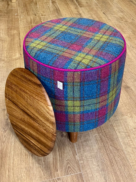 Colourful Tartan Harris Tweed Chunky End Table Footstool with Fuchsia Piping