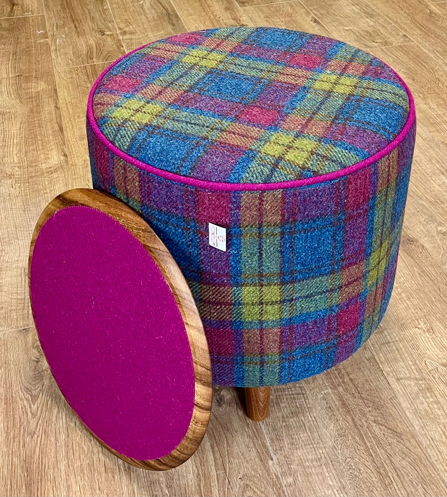 Colourful Tartan Harris Tweed Chunky End Table Footstool with Fuchsia Piping