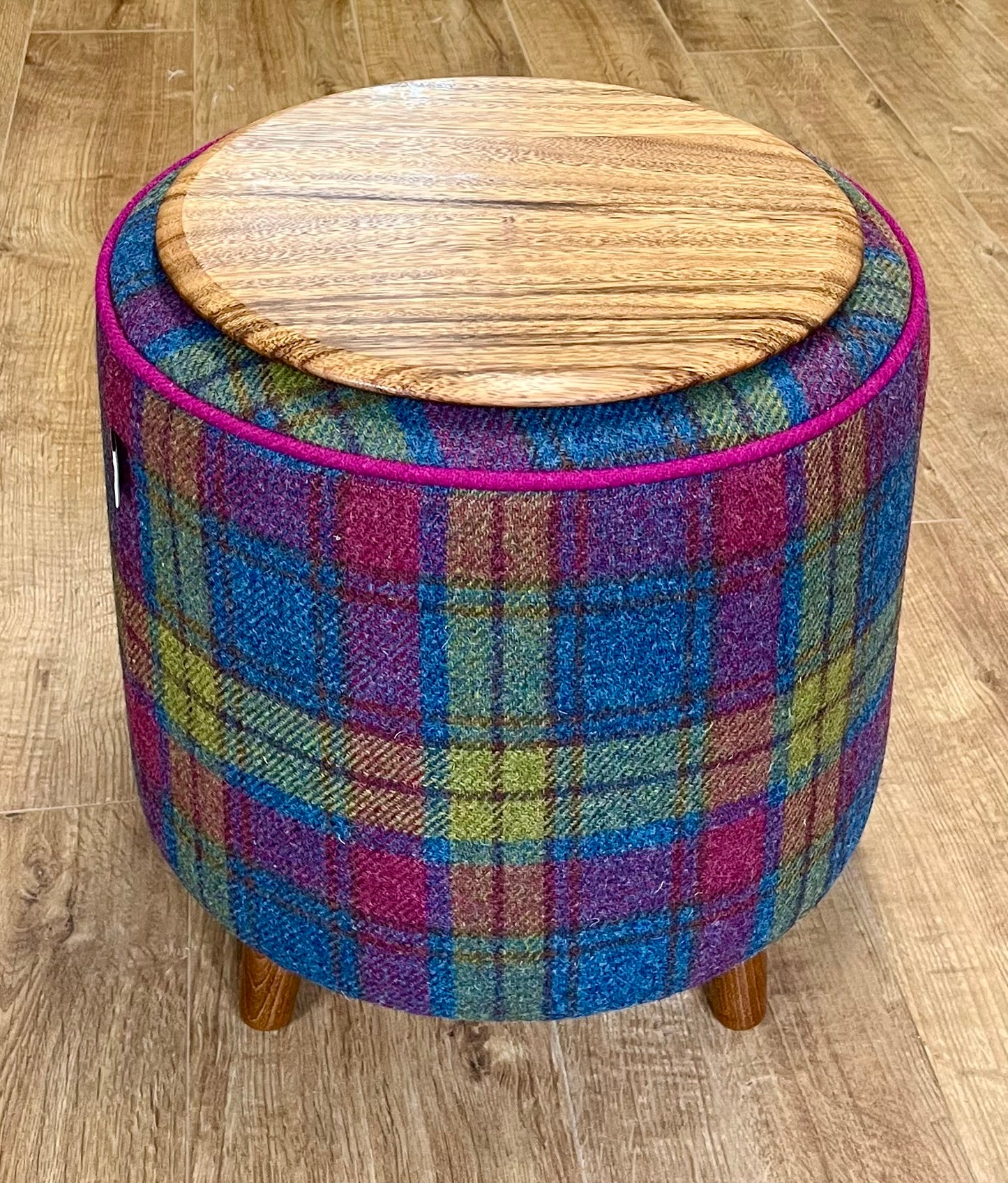 Colourful Tartan Harris Tweed Chunky End Table Footstool with Fuchsia Piping